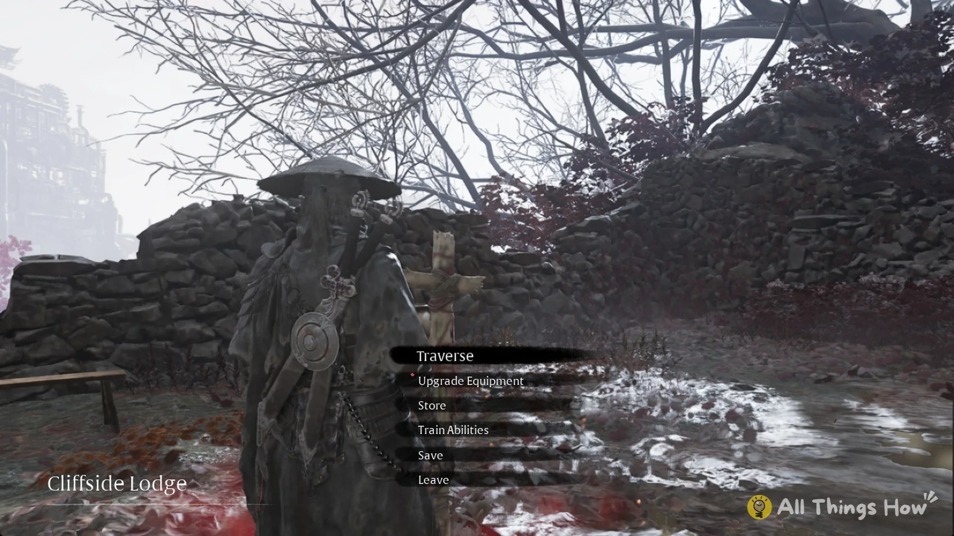 Cliffside Lodge bell menu with Traverse, Upgrade Equipment, Store, Train Abilities, Save and Leave in Phantom Blade Zero