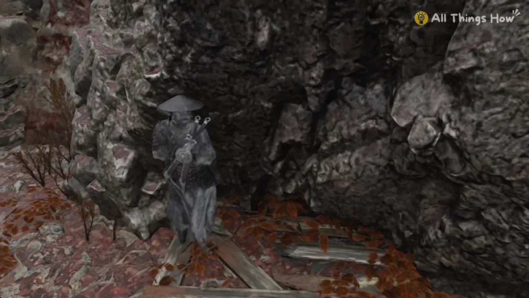 Soul on a rock ledge after a wall-run out of the stake pit in Crimson Forest, Phantom Blade Zero