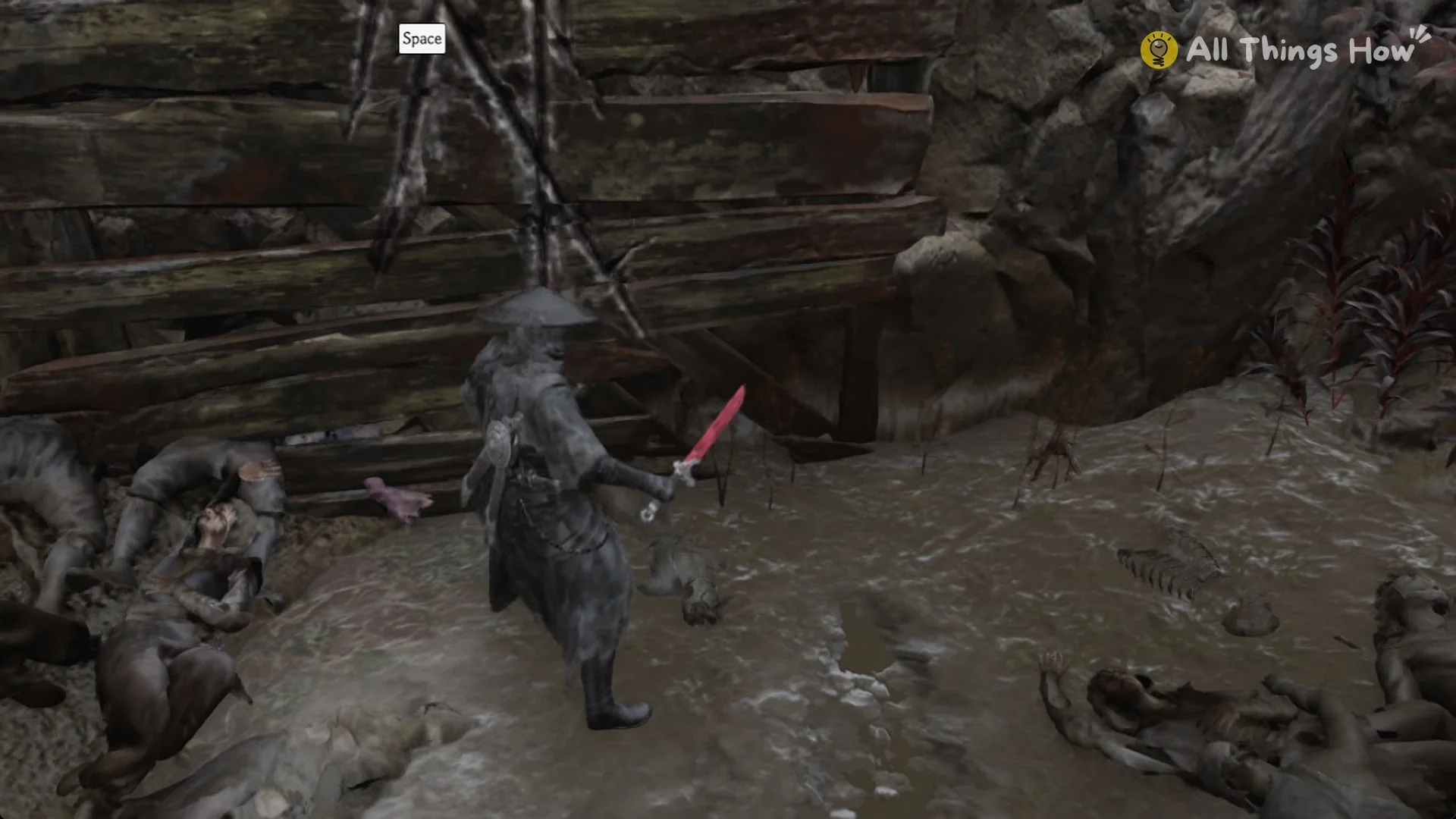 Soul at the X-scratched log wall with the Space prompt on the stake pit floor in Phantom Blade Zero