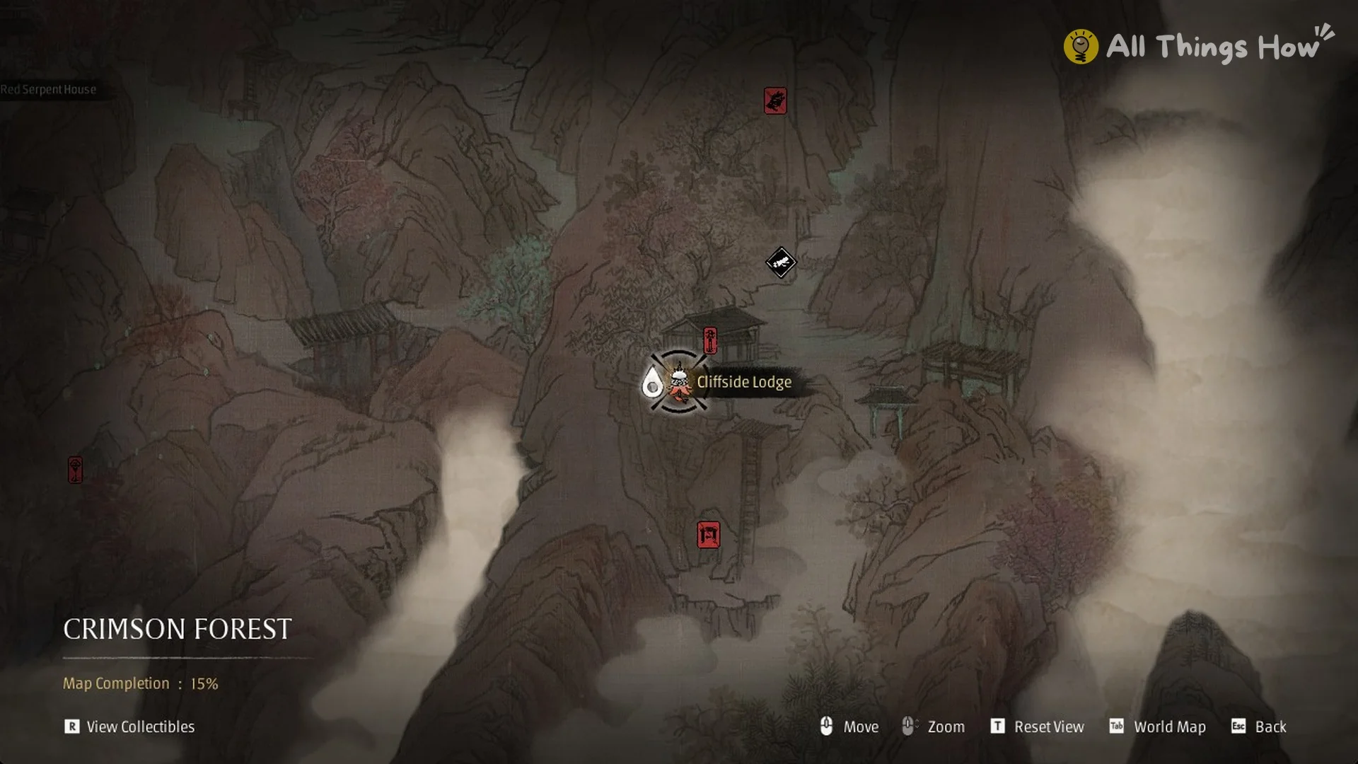 Map with the Cliffside Lodge pin and Crimson Forest Map Completion 15% in Phantom Blade Zero