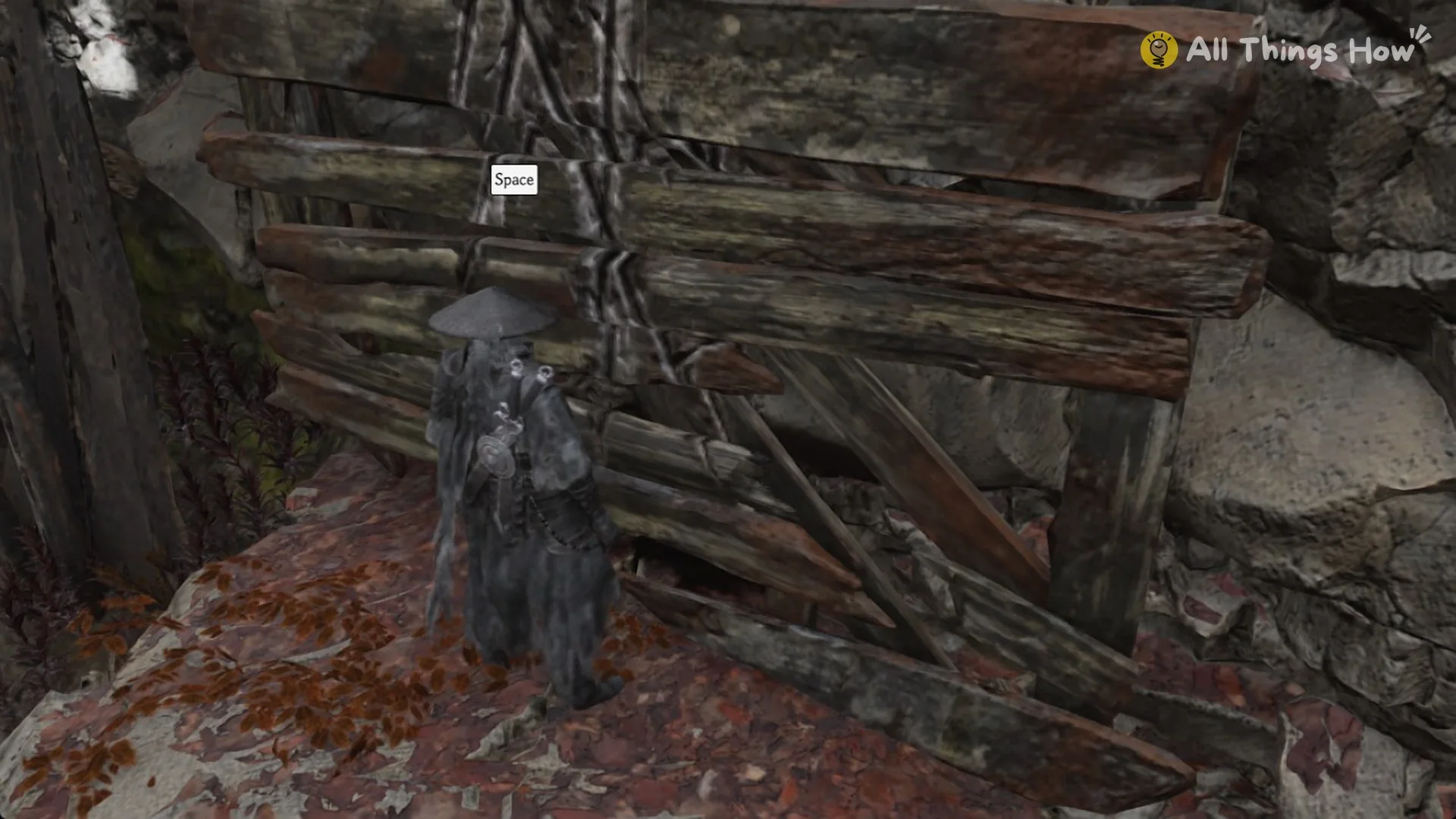 Soul at the second log wall with the Space prompt above the stake pit in Phantom Blade Zero