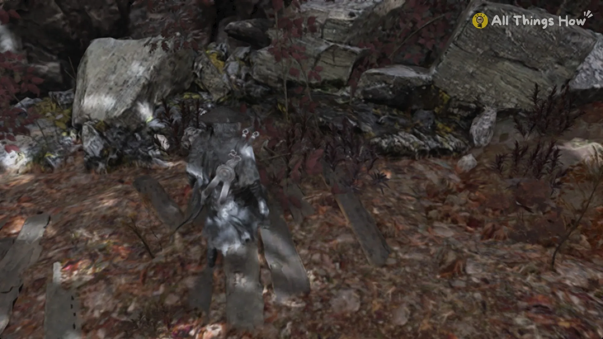 Soul on the slope among red shrubs after the wall-runs out of the stake pit in Phantom Blade Zero