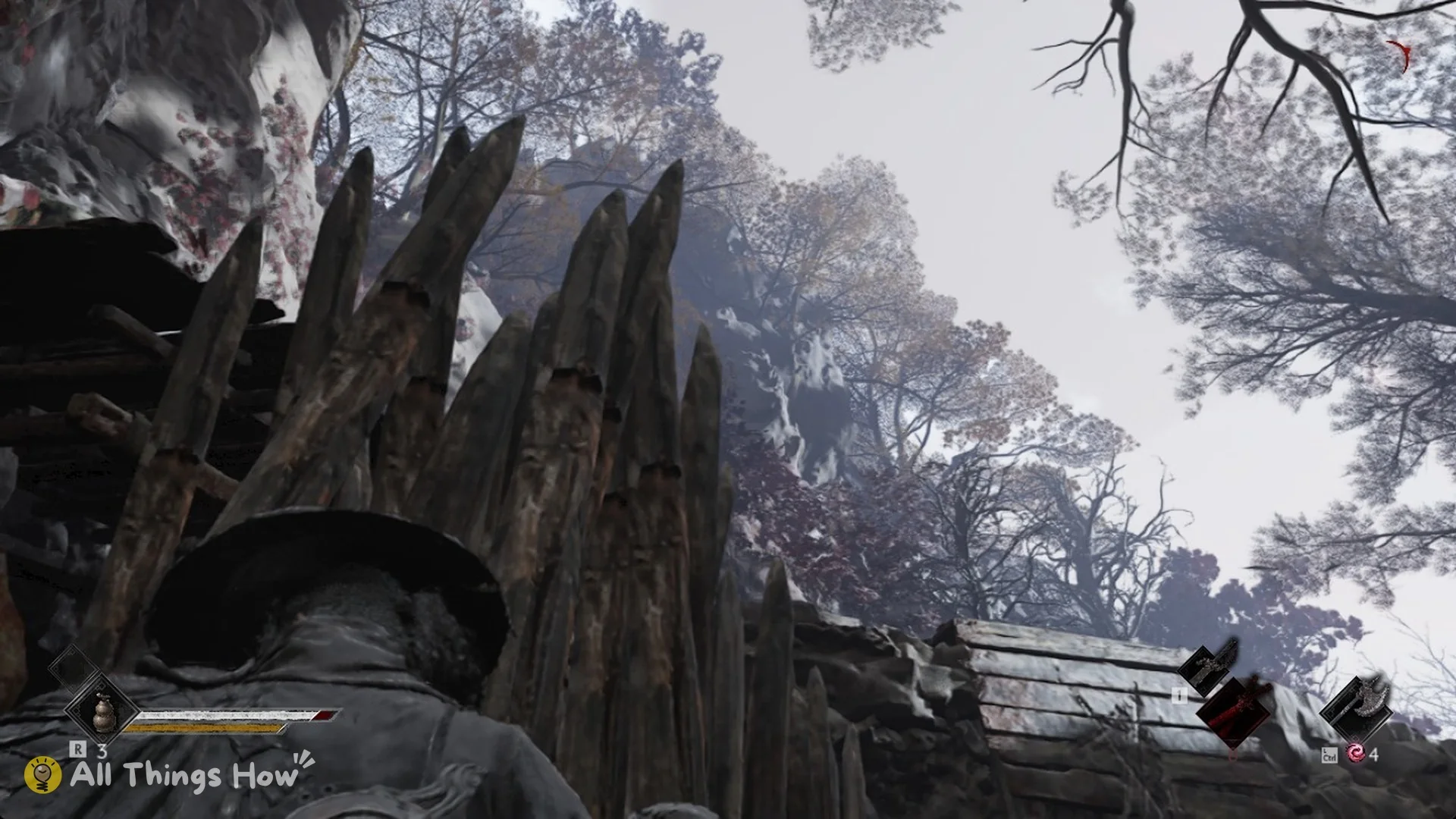 Sharpened wooden stakes of the pit below the bandit campfire in Crimson Forest, Phantom Blade Zero