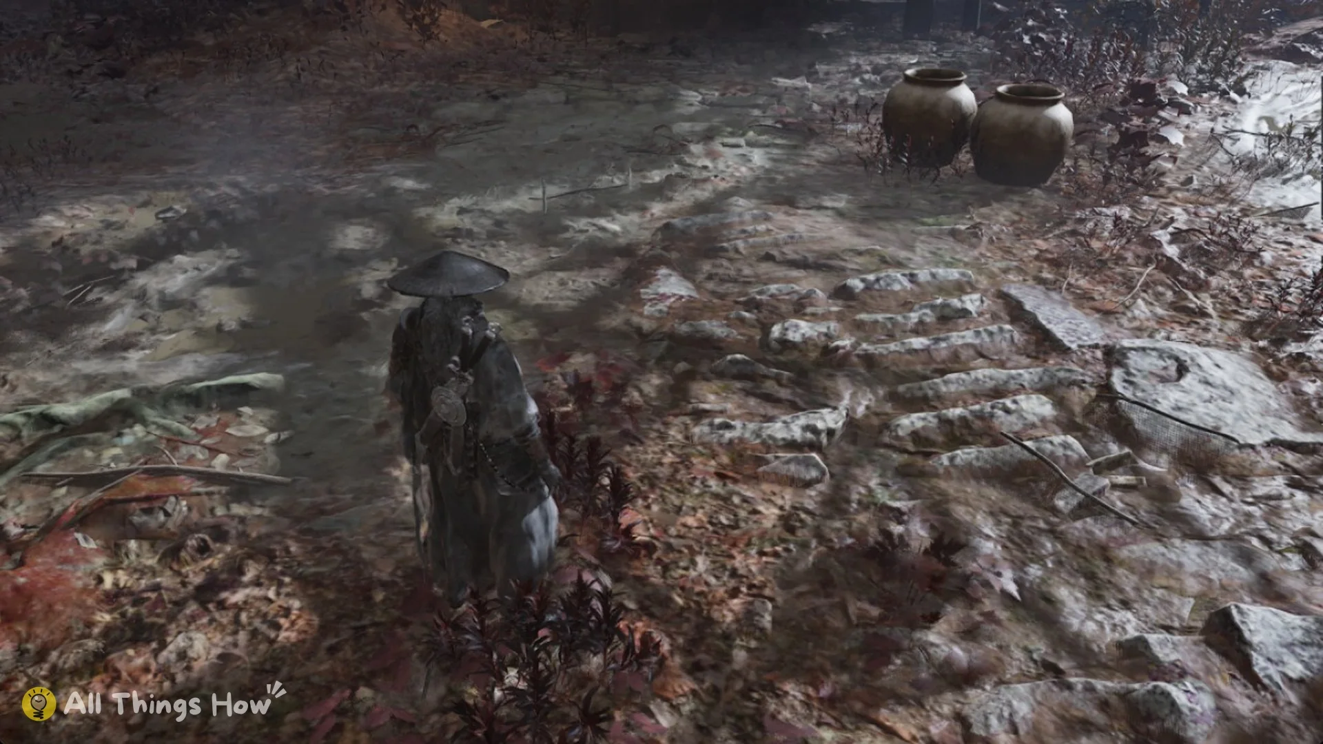 Soul on old stone steps with two clay jars ahead on the slope toward the storehouse in Phantom Blade Zero
