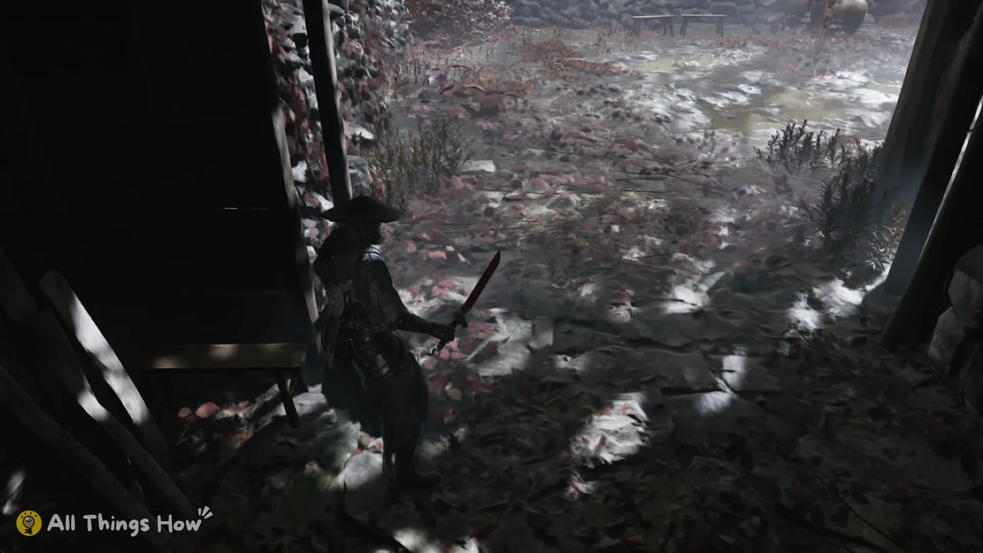 Soul walking along the outside of the storehouse east wall in Crimson Forest, Phantom Blade Zero