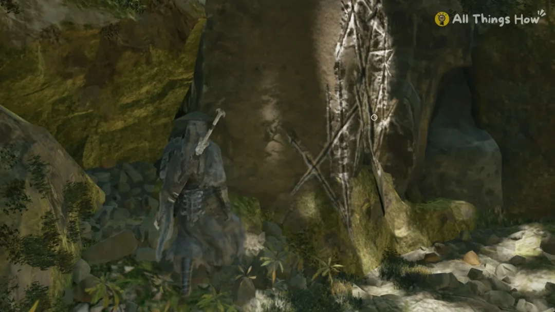 Soul standing at a rock face with white crossed scratch marks and a Space prompt in Phantom Blade Zero