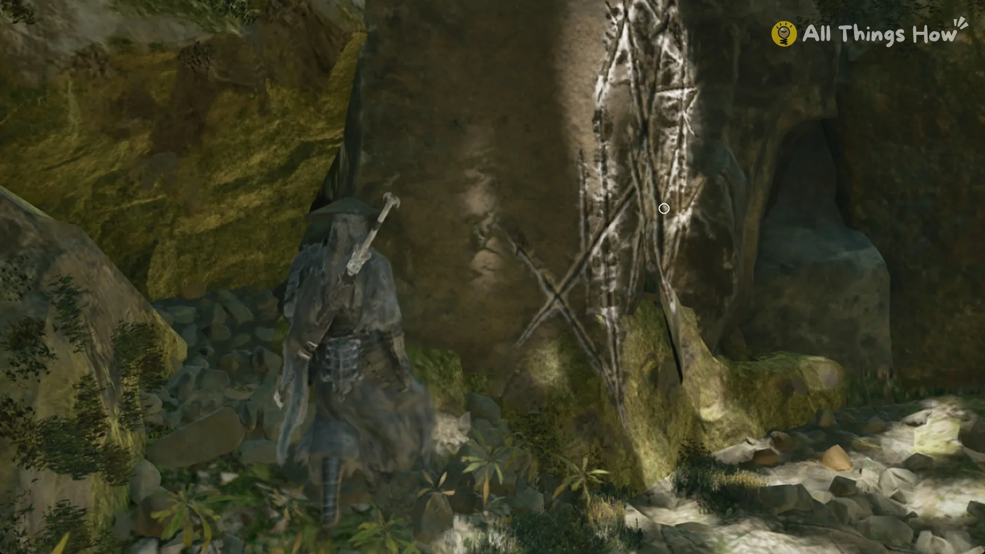 Soul standing at a rock face with white crossed scratch marks and a Space prompt in Phantom Blade Zero