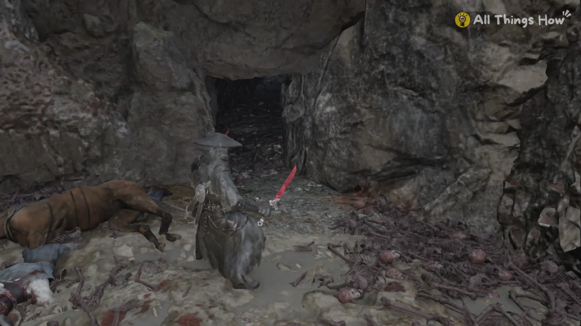 Dead-end cave mouth with a dead horse at the far end of the corpse pit in Phantom Blade Zero