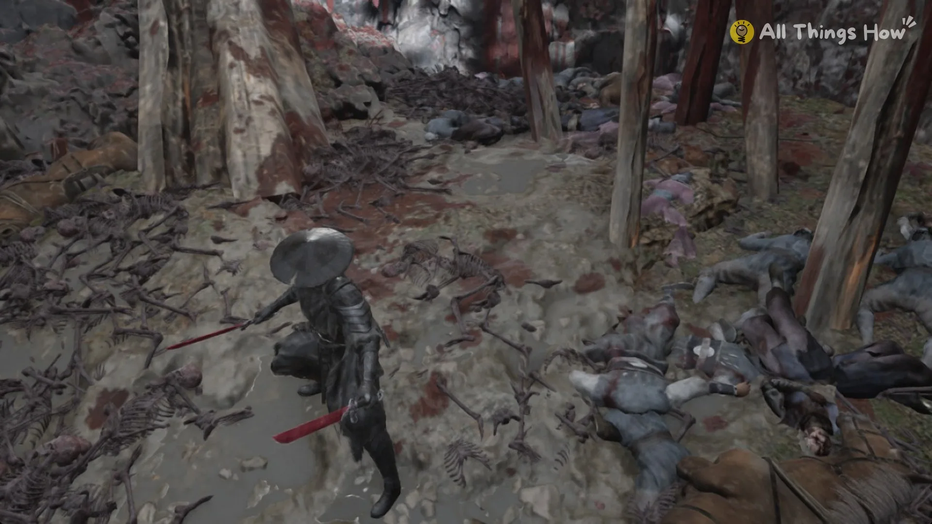 Corpse pit floor with bodies, skeletons and wooden stakes below the Forest Outpost low road in Phantom Blade Zero