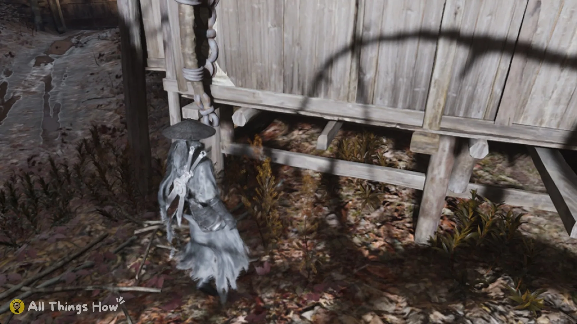 Soul back on the low road beside the wooden house on stilts after the wall-run in Phantom Blade Zero