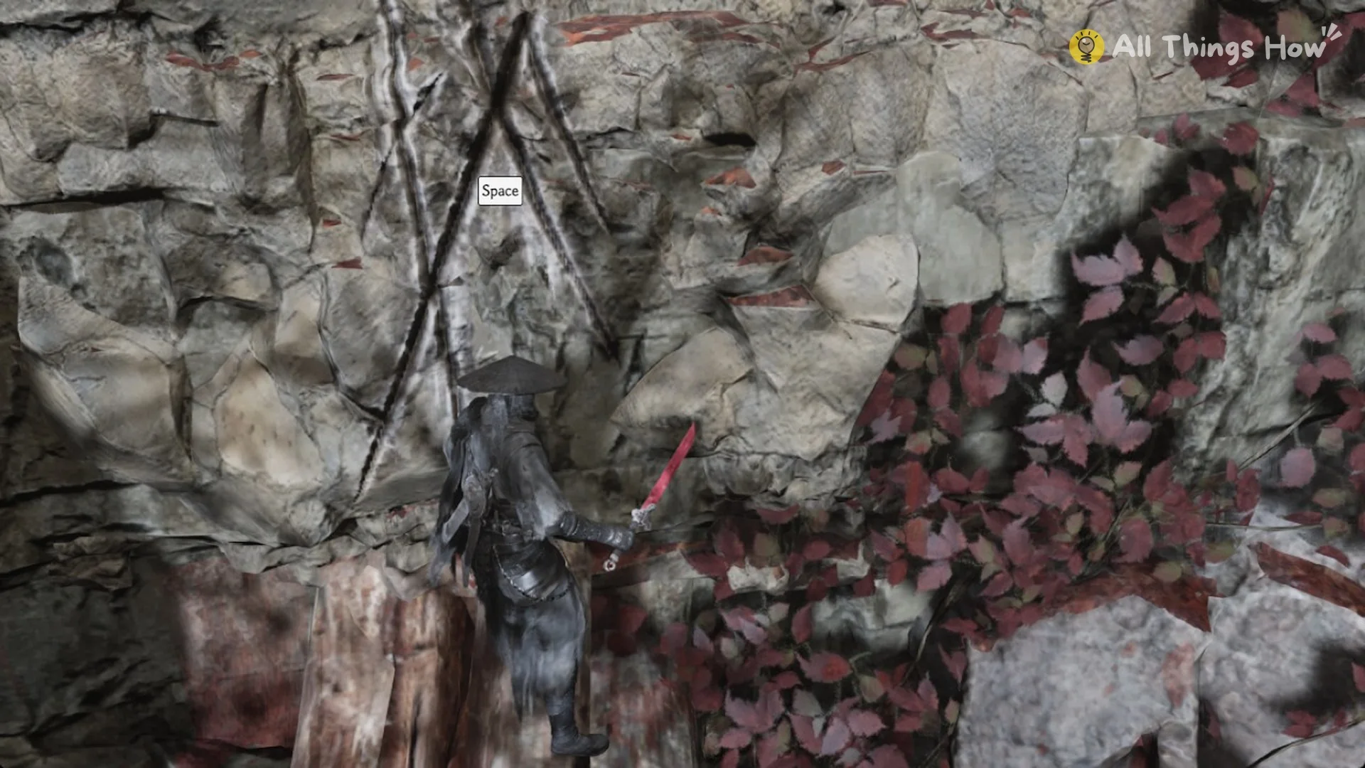 Crossed scratch mark on the pale rock wall with the Space prompt, the way out of the corpse pit in Phantom Blade Zero