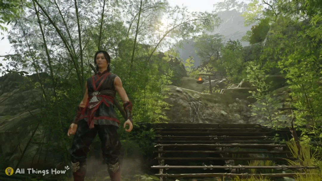 Phantom Blade Zero heroine standing in a bamboo forest below wooden steps