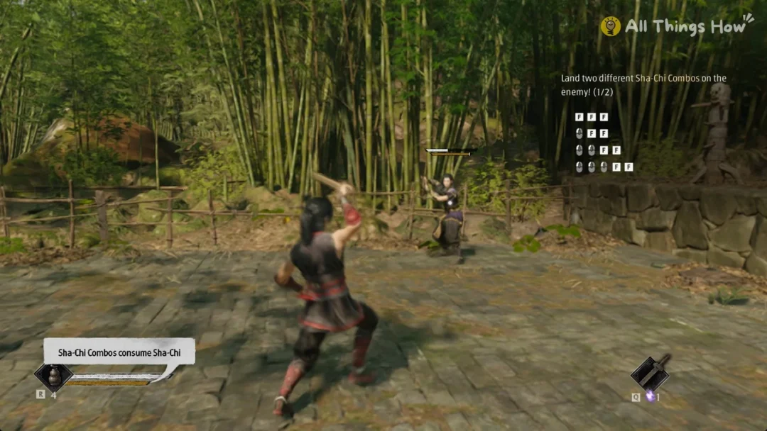 Phantom Blade Zero heroine sparring with Zuo Shang in a sunlit bamboo yard