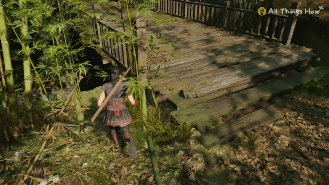 Phantom Blade Zero heroine running toward a wooden boardwalk bridge in the bamboo forest