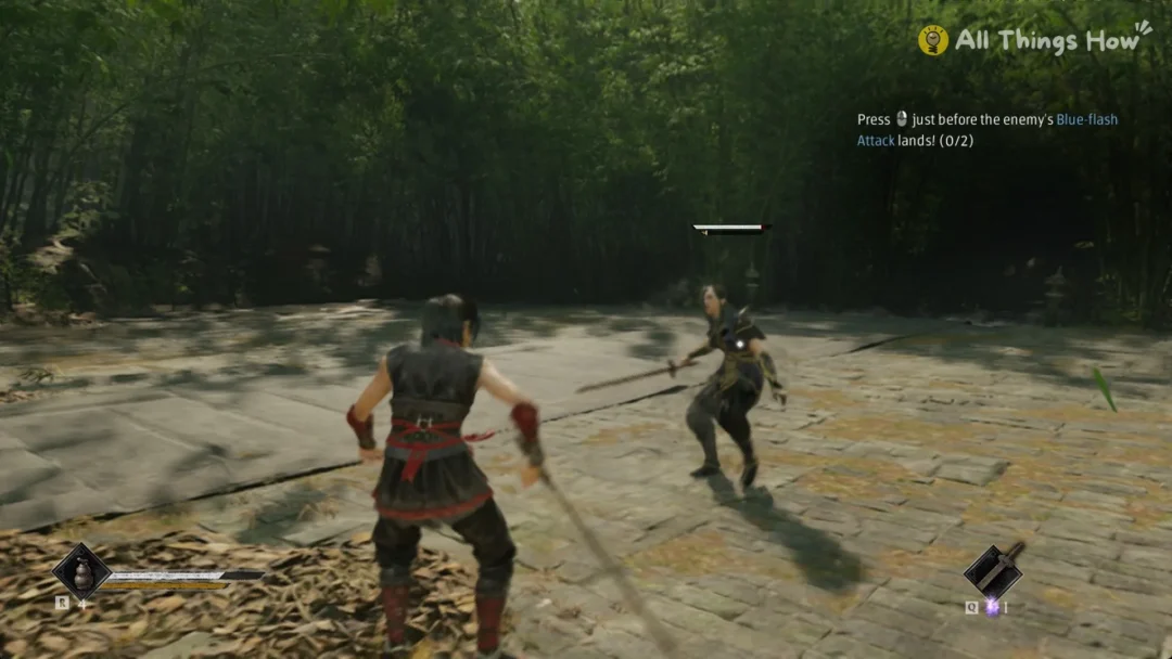 Phantom Blade Zero heroine squaring up to Zuo Shang with a staff in the sparring yard