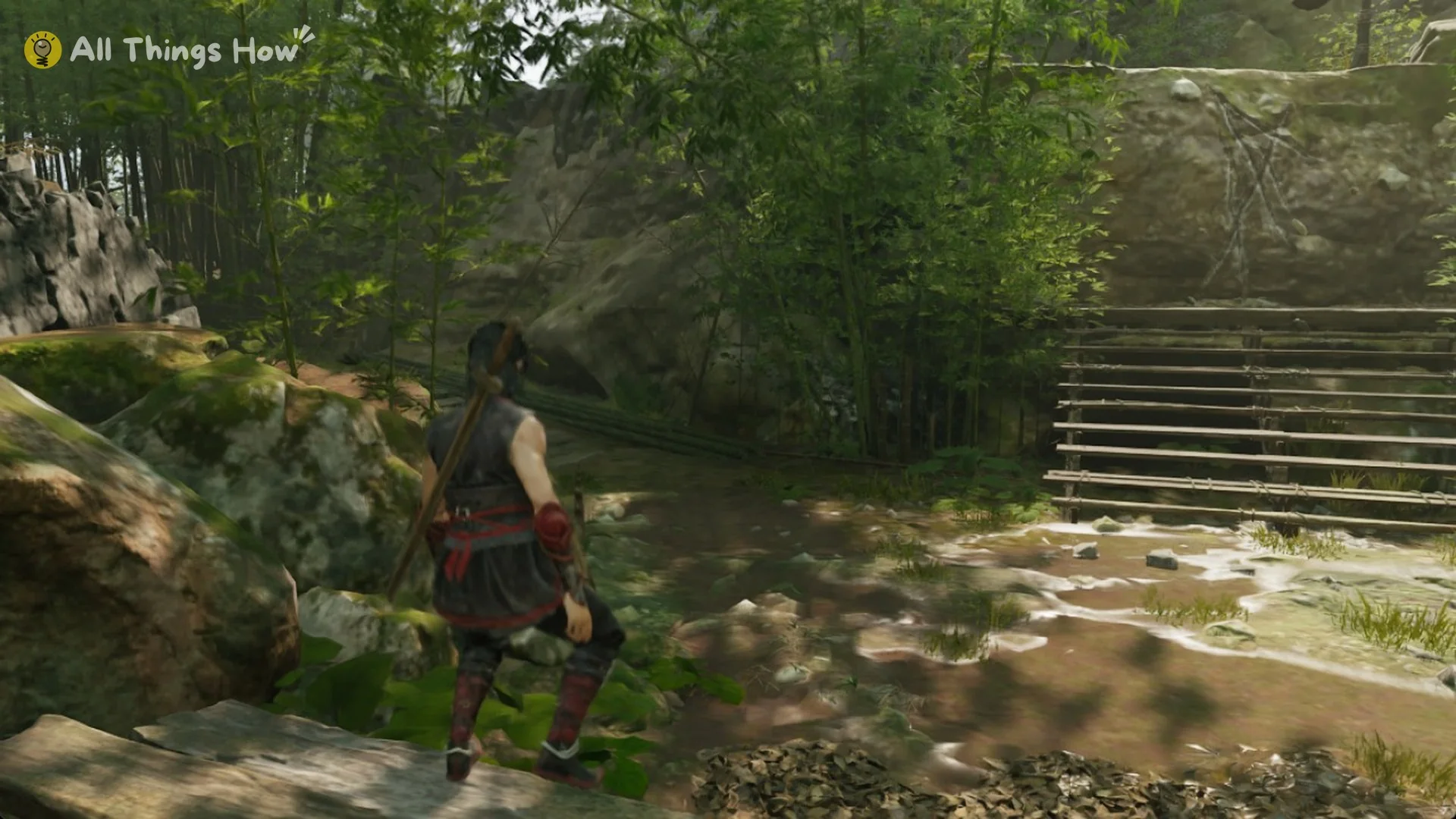 Phantom Blade Zero heroine standing by a shallow stream below stone steps