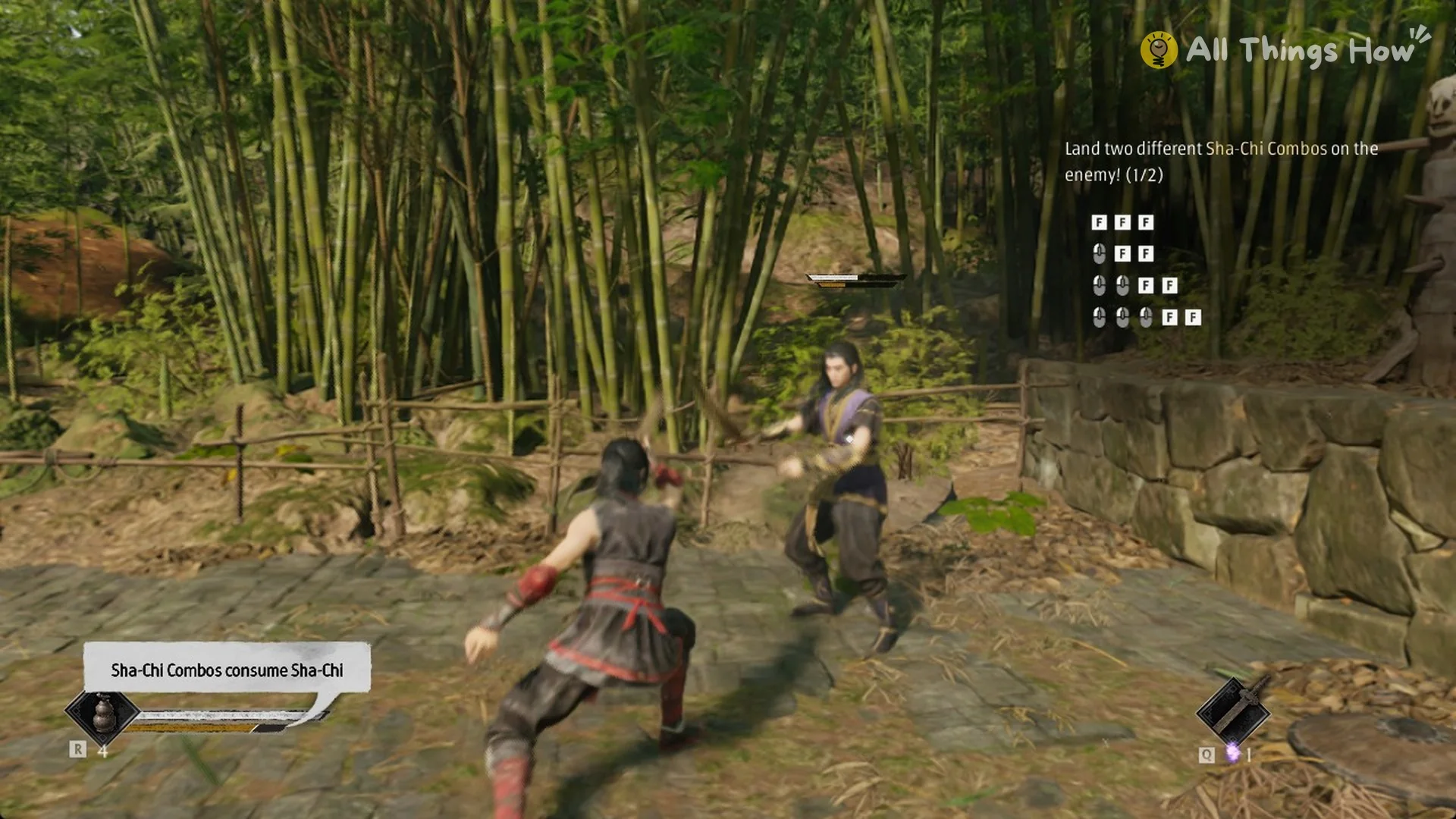 Phantom Blade Zero heroine squaring up to Zuo Shang in a bamboo courtyard