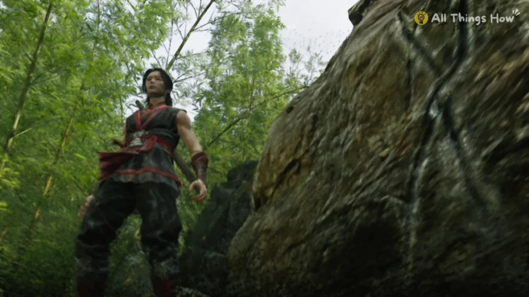 Phantom Blade Zero heroine standing beside a carved boulder in the bamboo forest