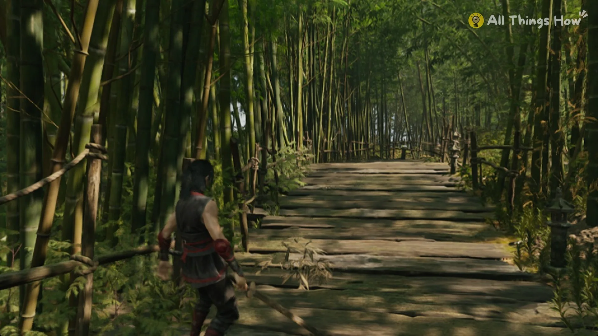Phantom Blade Zero heroine walking along a wooden boardwalk in a bamboo forest