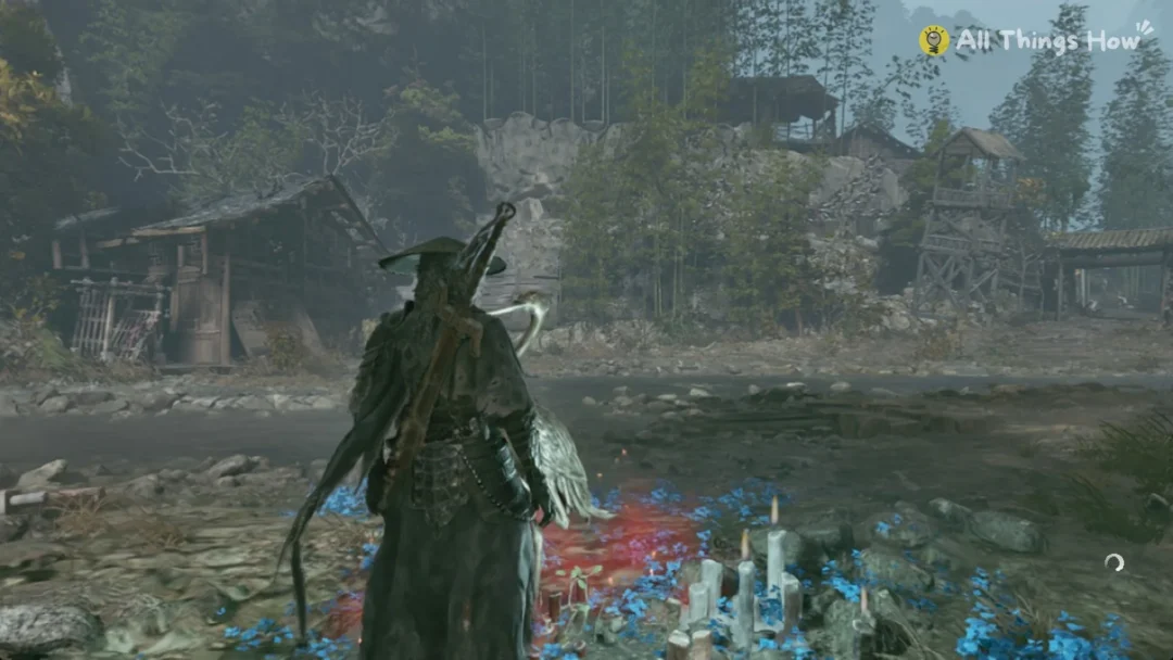 A Crane Bell beside a crane statue and blue flowers in Phantom Blade Zero