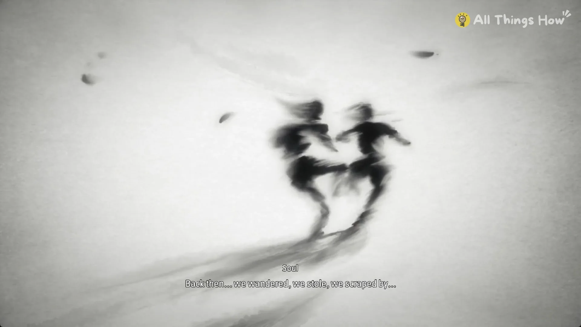 Ink-wash memory of two children running after a Crane Bell rest in Phantom Blade Zero