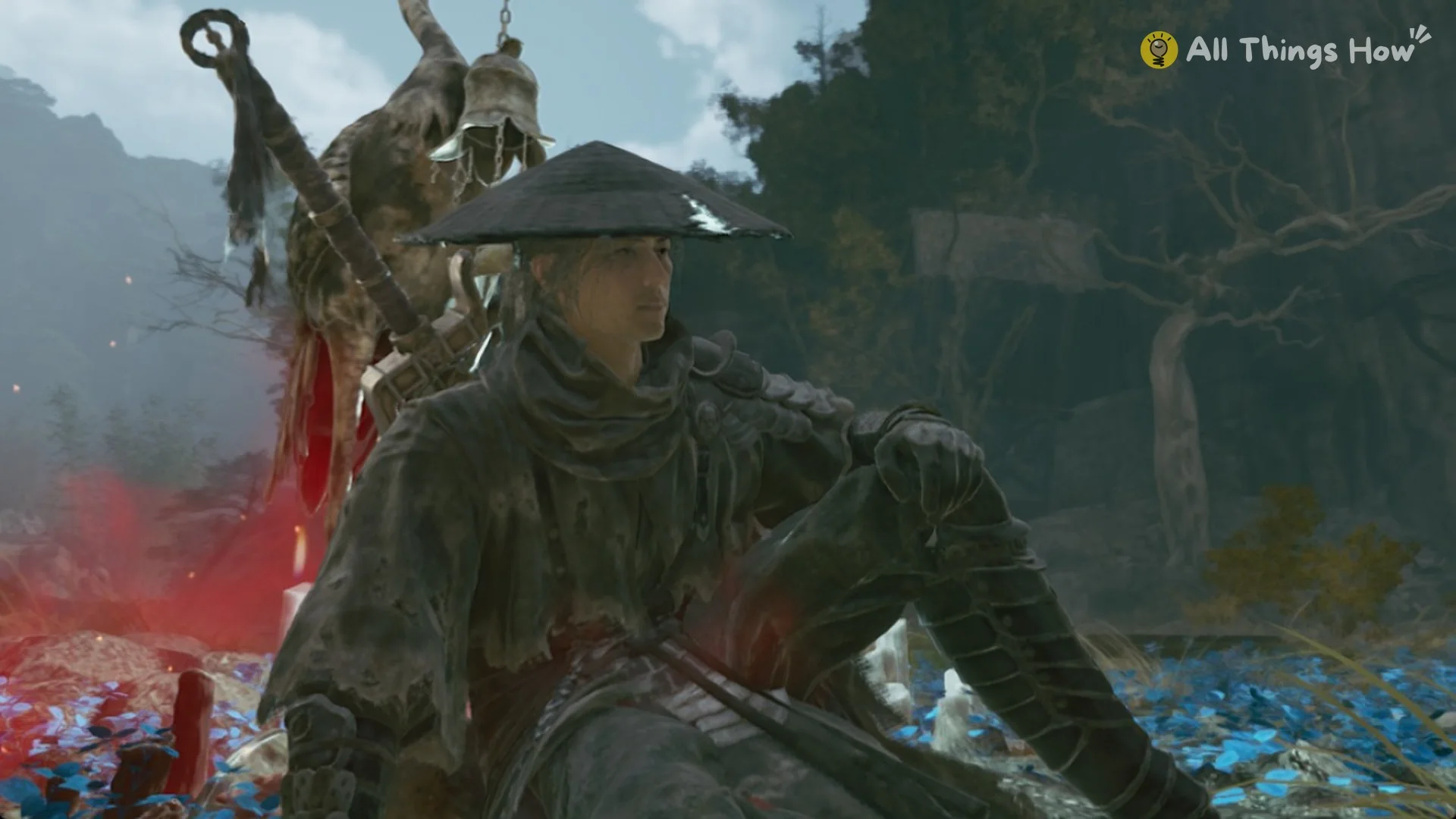 Soul sitting down to rest at a Crane Bell in Phantom Blade Zero