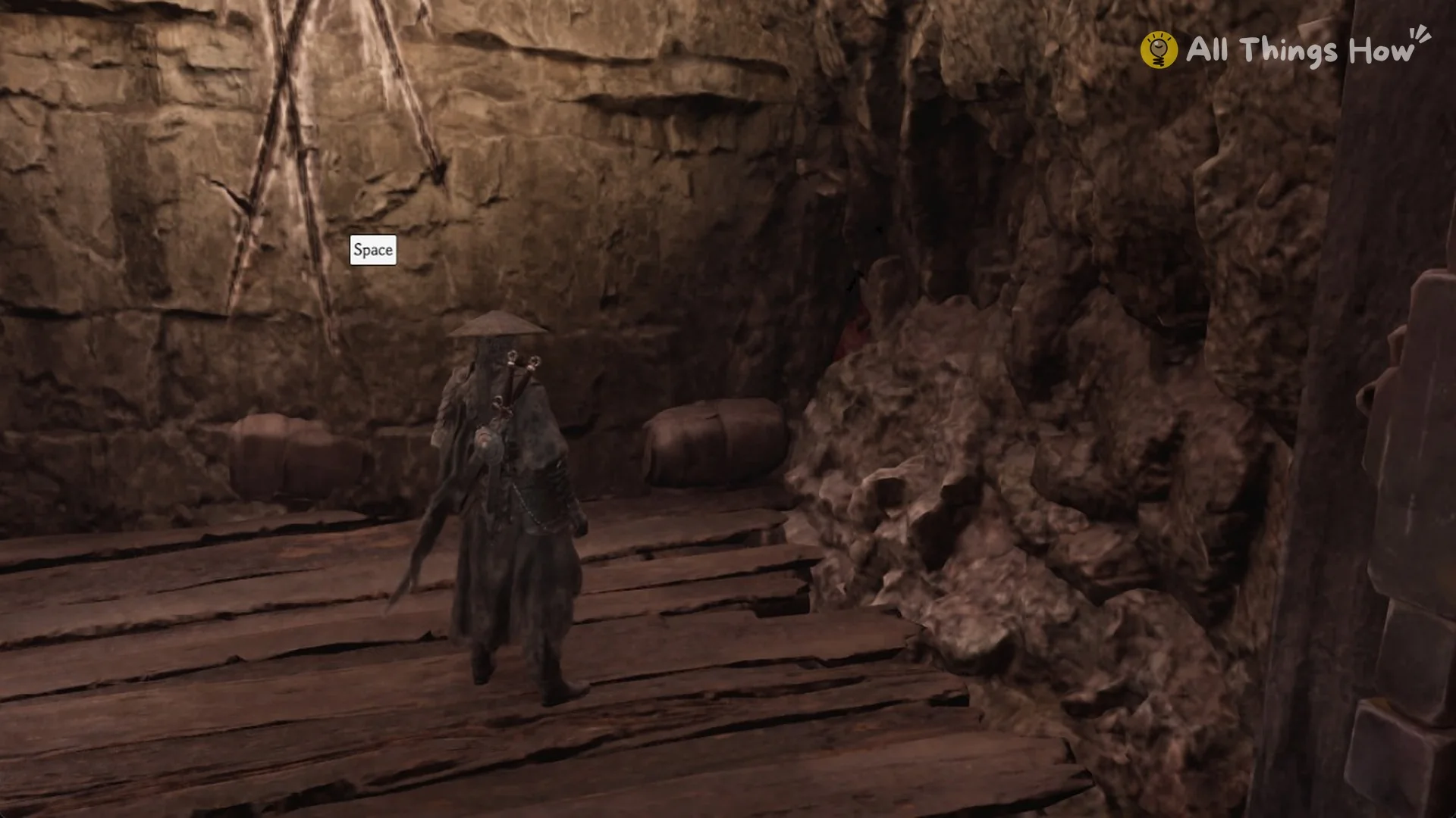 Space prompt on the shaft wall for climbing back up to the Outlaw Trap ledge in Phantom Blade Zero