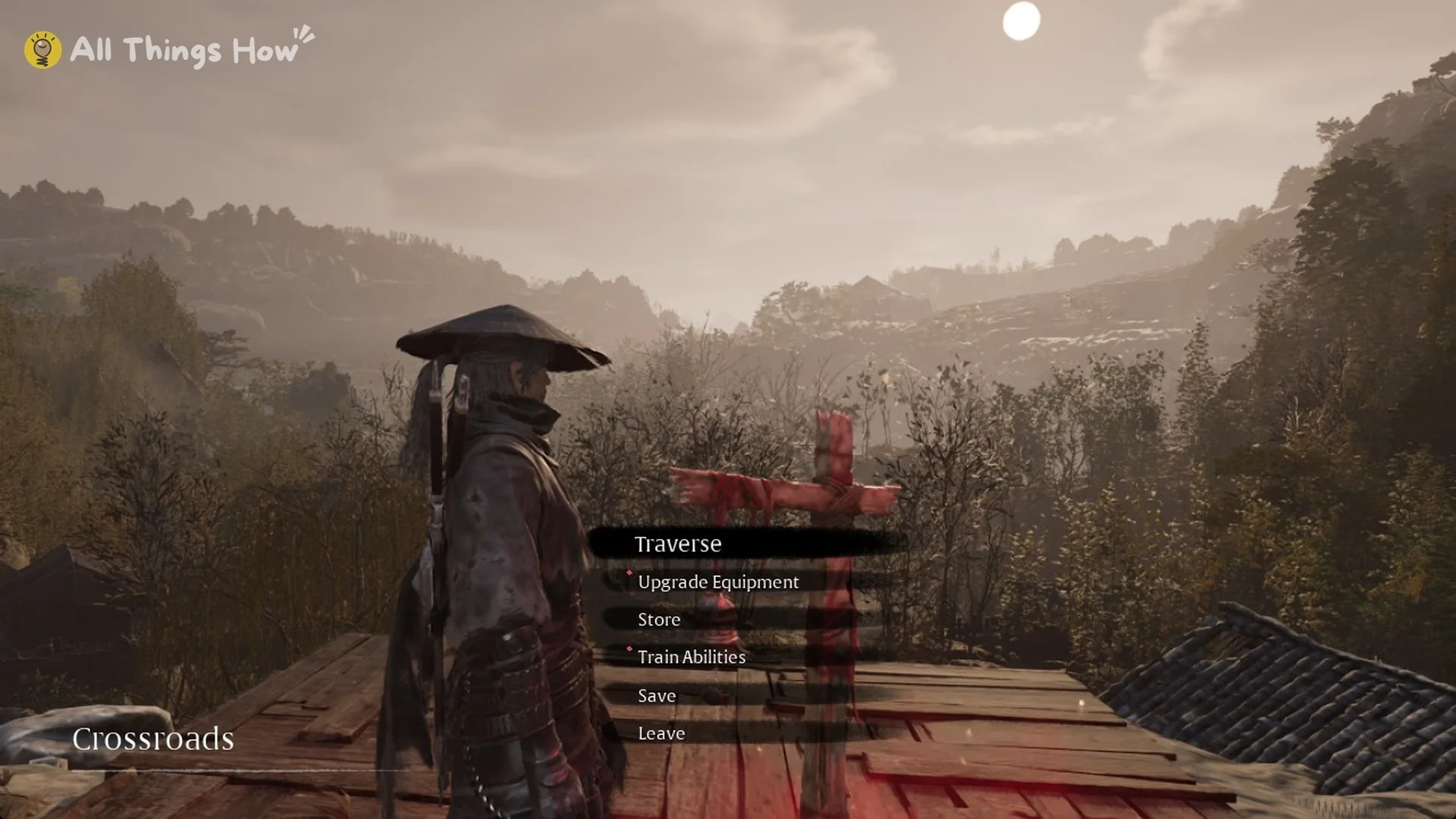 The Crossroads bell menu with Traverse, Upgrade Equipment, Store, Train Abilities, Save and Leave, Phantom Blade Zero