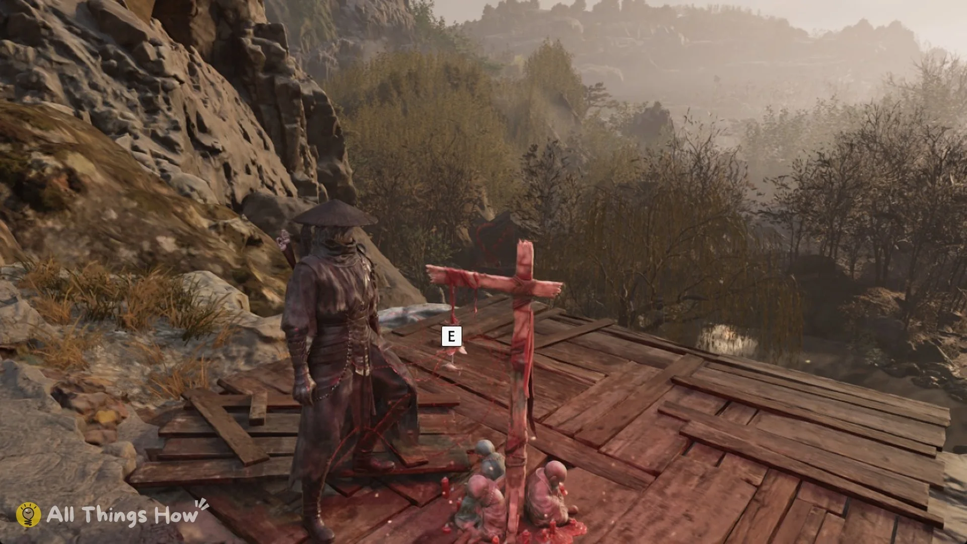 Soul at the Crossroads bell, a red-cloth wooden cross on a plank platform, with the E prompt, Phantom Blade Zero
