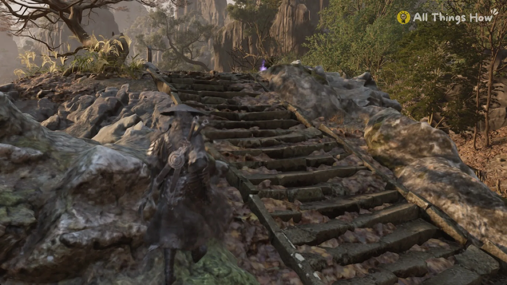 Soul climbing the stone stairs up to the ridge in the Village of Lu, Phantom Blade Zero
