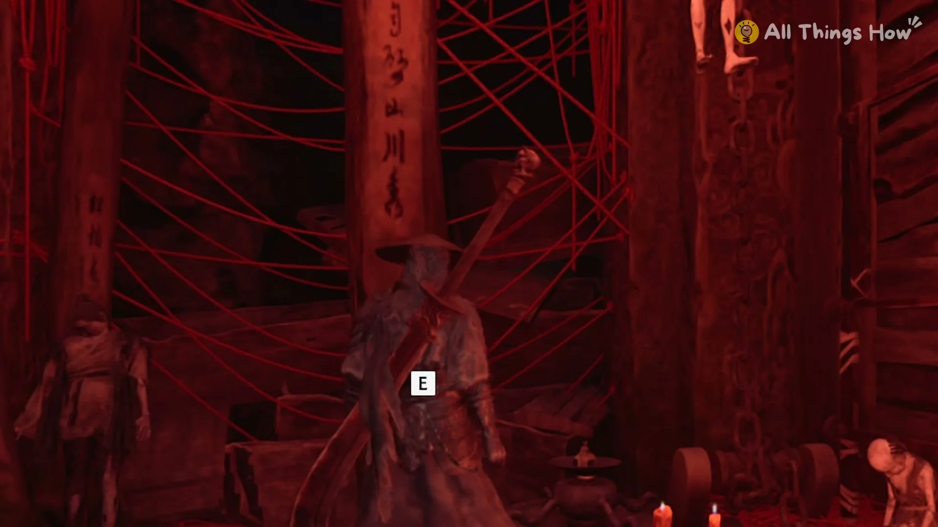Soul beside Cui, the Little Girl Puppet, with the E prompt in the red-thread room, Phantom Blade Zero