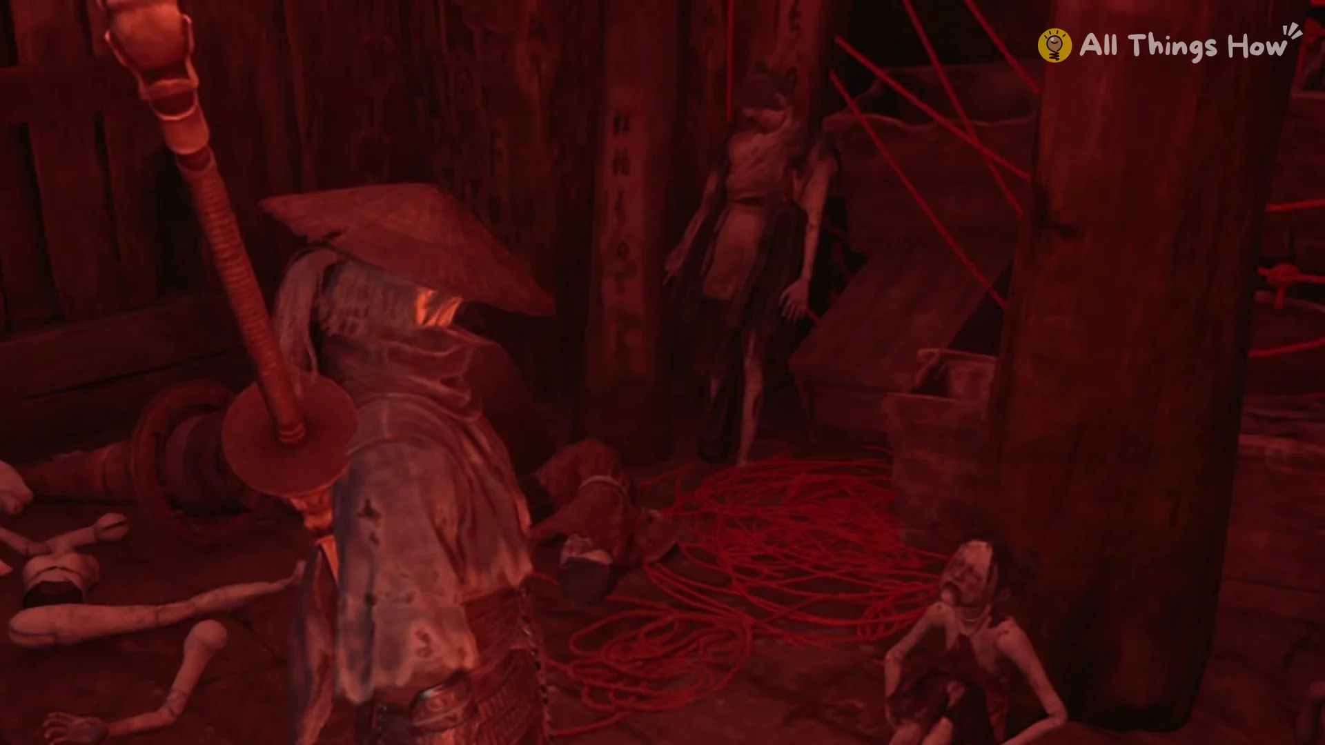 Cui sitting among red threads and puppet parts, Phantom Blade Zero