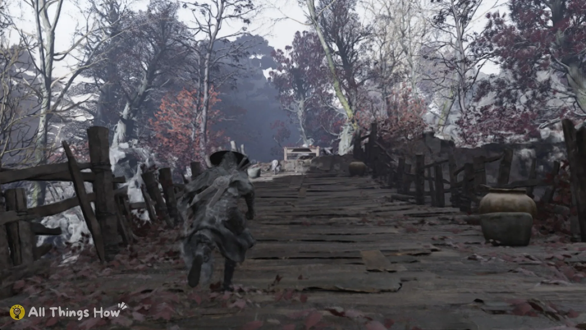 Fenced plank road with clay jars climbing to the plateau above Red Serpent House in Phantom Blade Zero