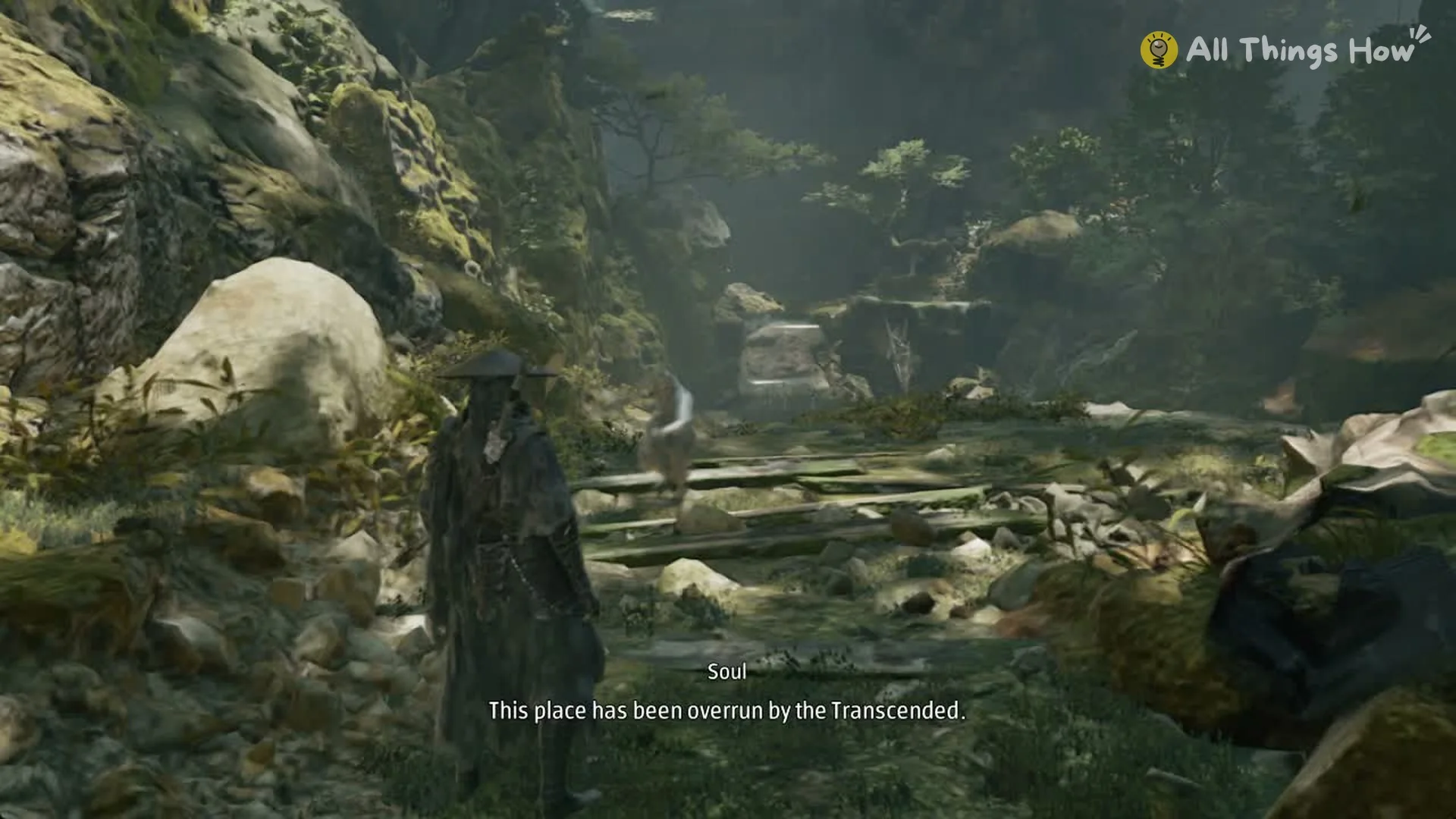 Soul on the ledge with the subtitle This place has been overrun by the Transcended in Phantom Blade Zero