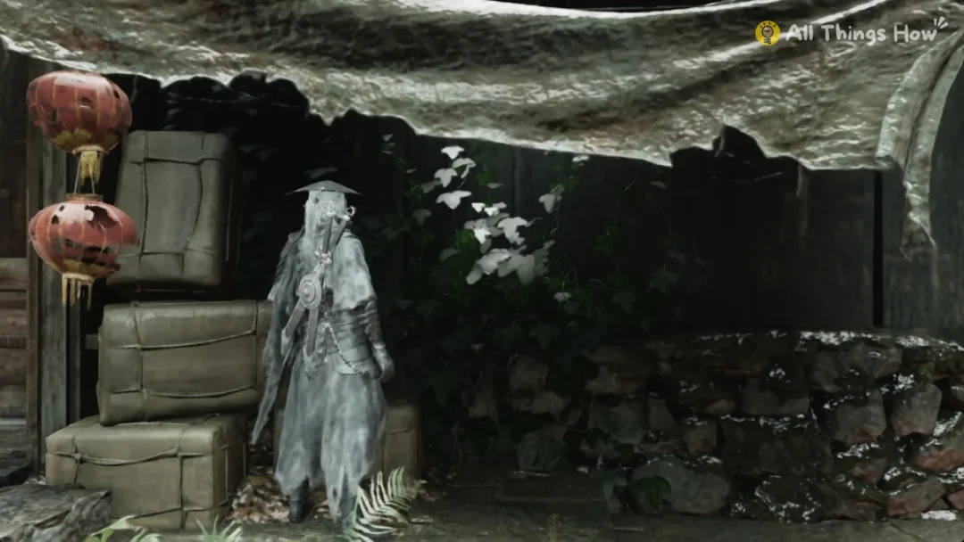 Soul beside crates under a tarp with a red lantern, Phantom Blade Zero