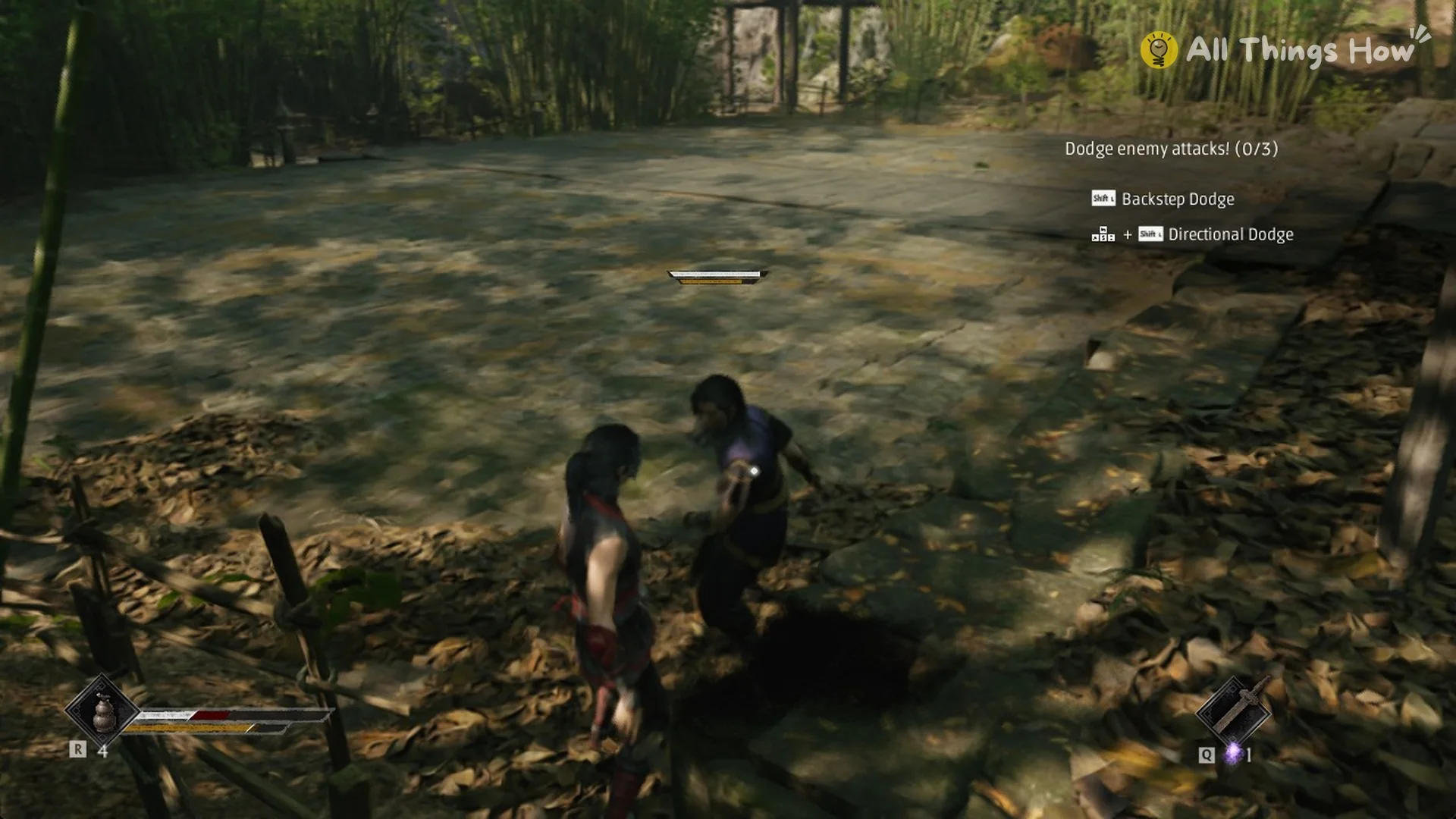 Phantom Blade Zero heroine dodging Zuo Shang's attack on the leaf-covered sparring yard