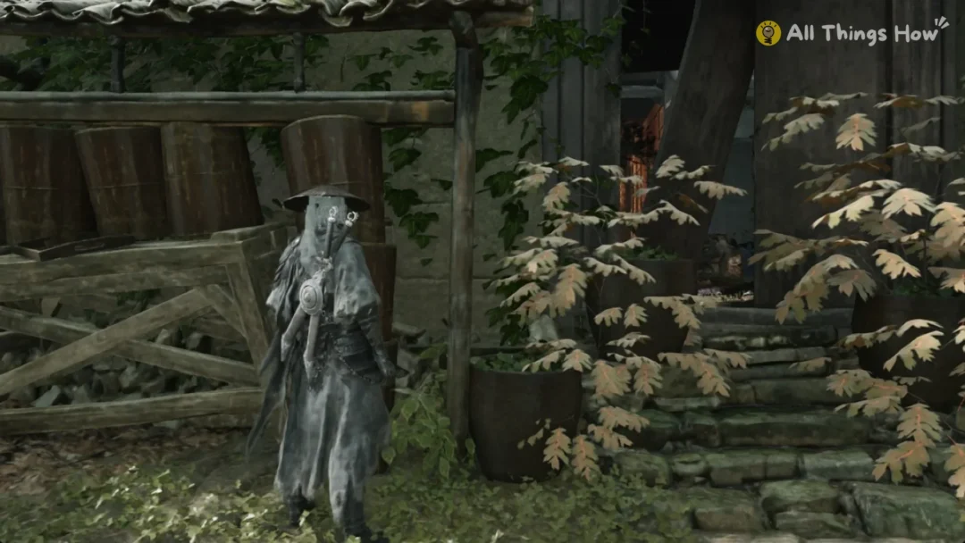 Soul in a Pangzhen courtyard with stone steps and potted shrubs, Phantom Blade Zero