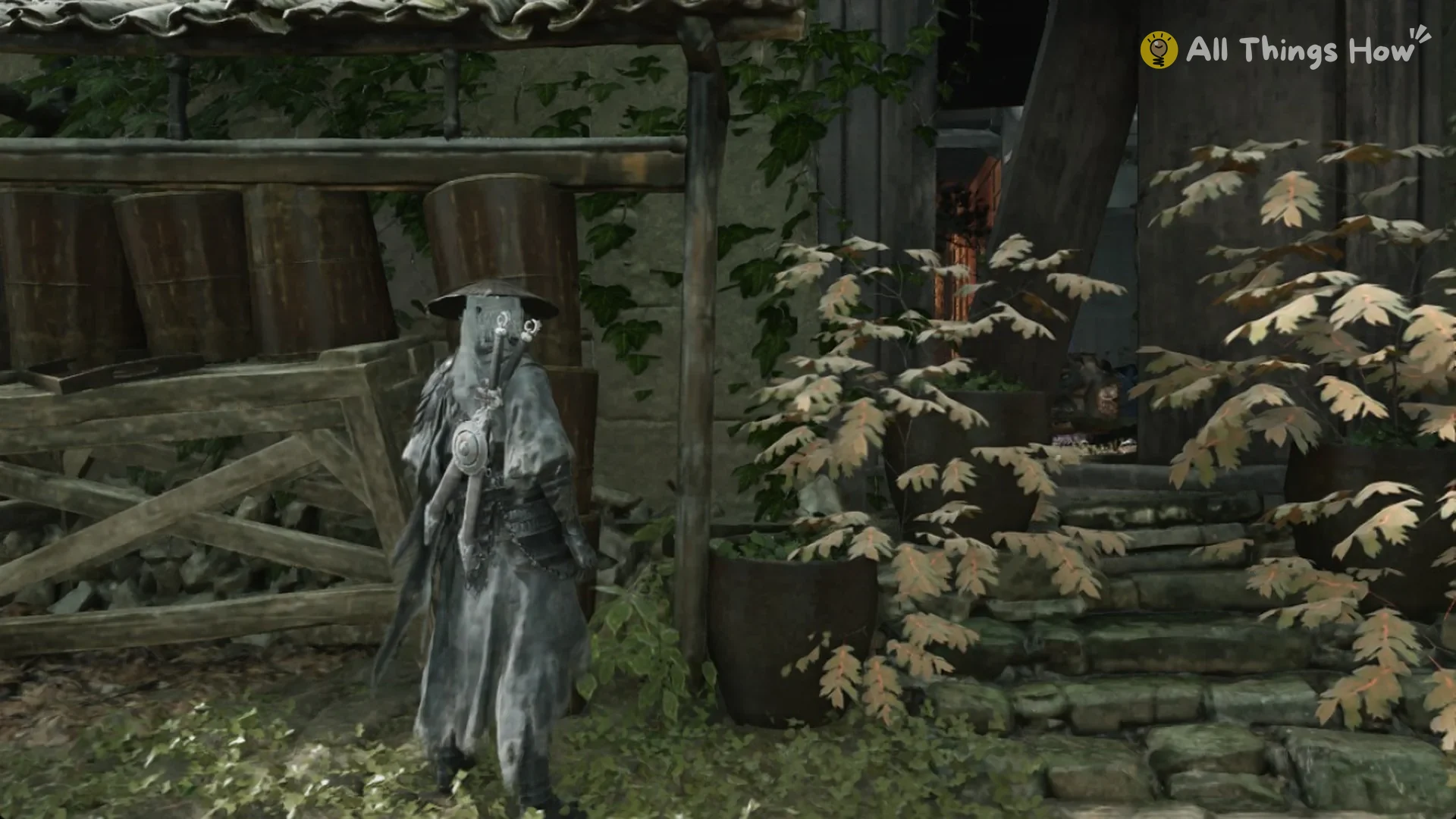 Soul in a Pangzhen courtyard with stone steps and potted shrubs, Phantom Blade Zero