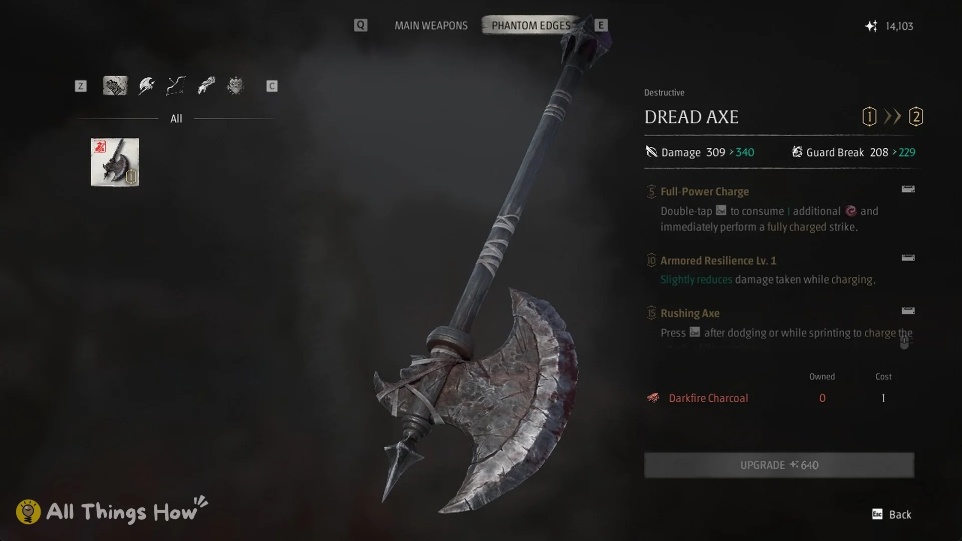 The Dread Axe upgrade screen from Lv. 1 to Lv. 2 in Phantom Blade Zero