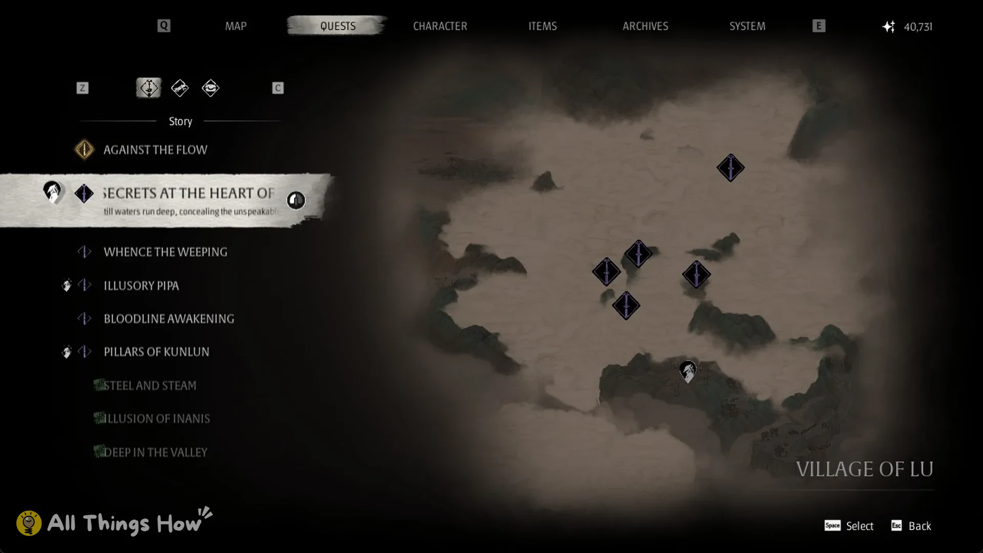 Secrets at the Heart of the Lake selected with its markers over the lake in the Village of Lu, Phantom Blade Zero