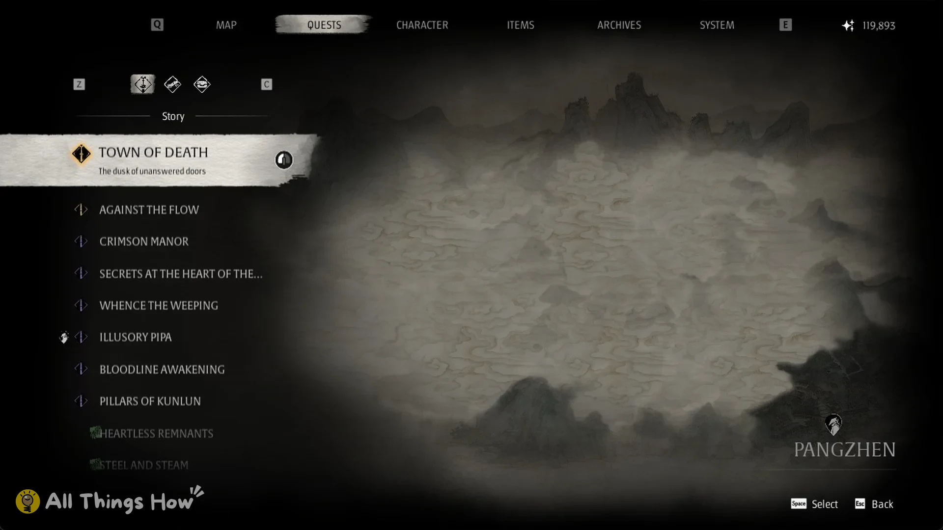 Quests Story tab listing Secrets at the Heart of the Lake and Bloodline Awakening, Phantom Blade Zero