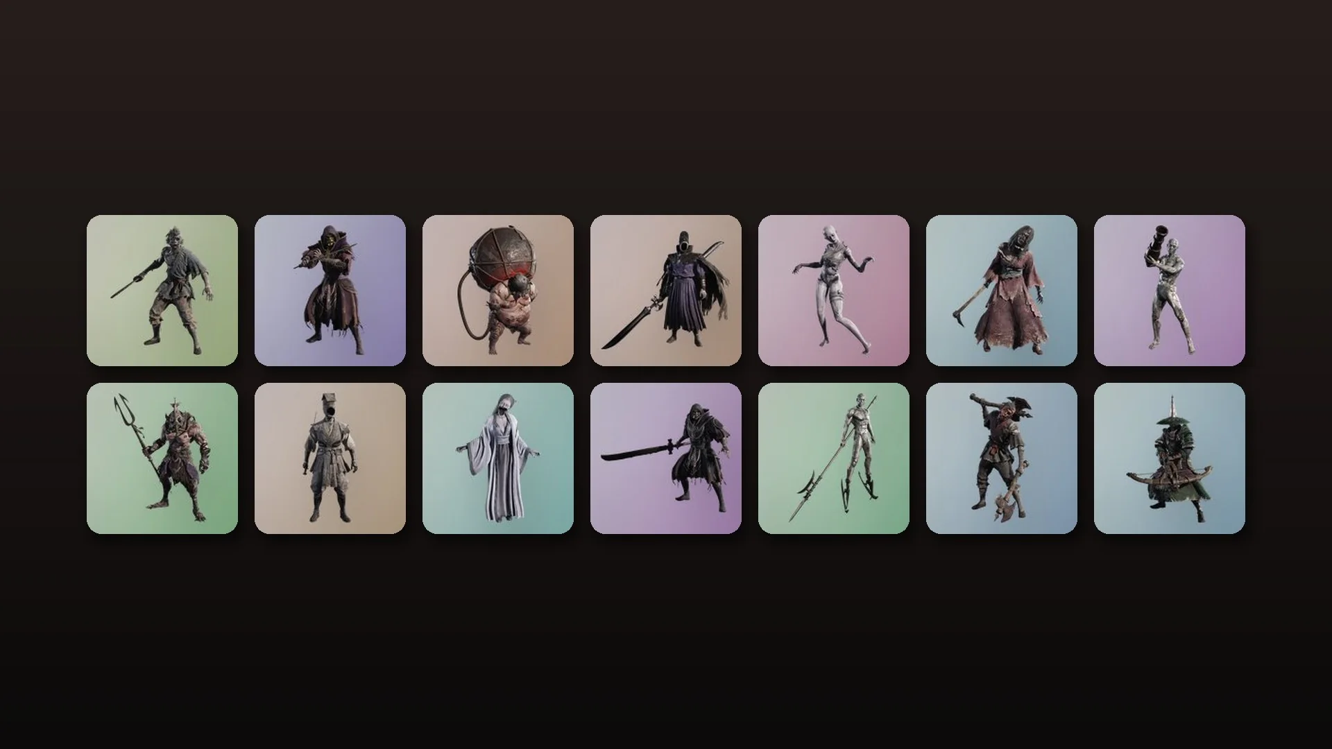 Fourteen Phantom Blade Zero enemies shown as styled portrait cards