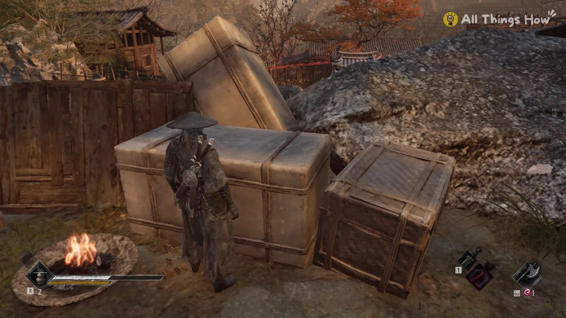 Soul by the burning brazier and stacked crates beside the courtyard, Phantom Blade Zero