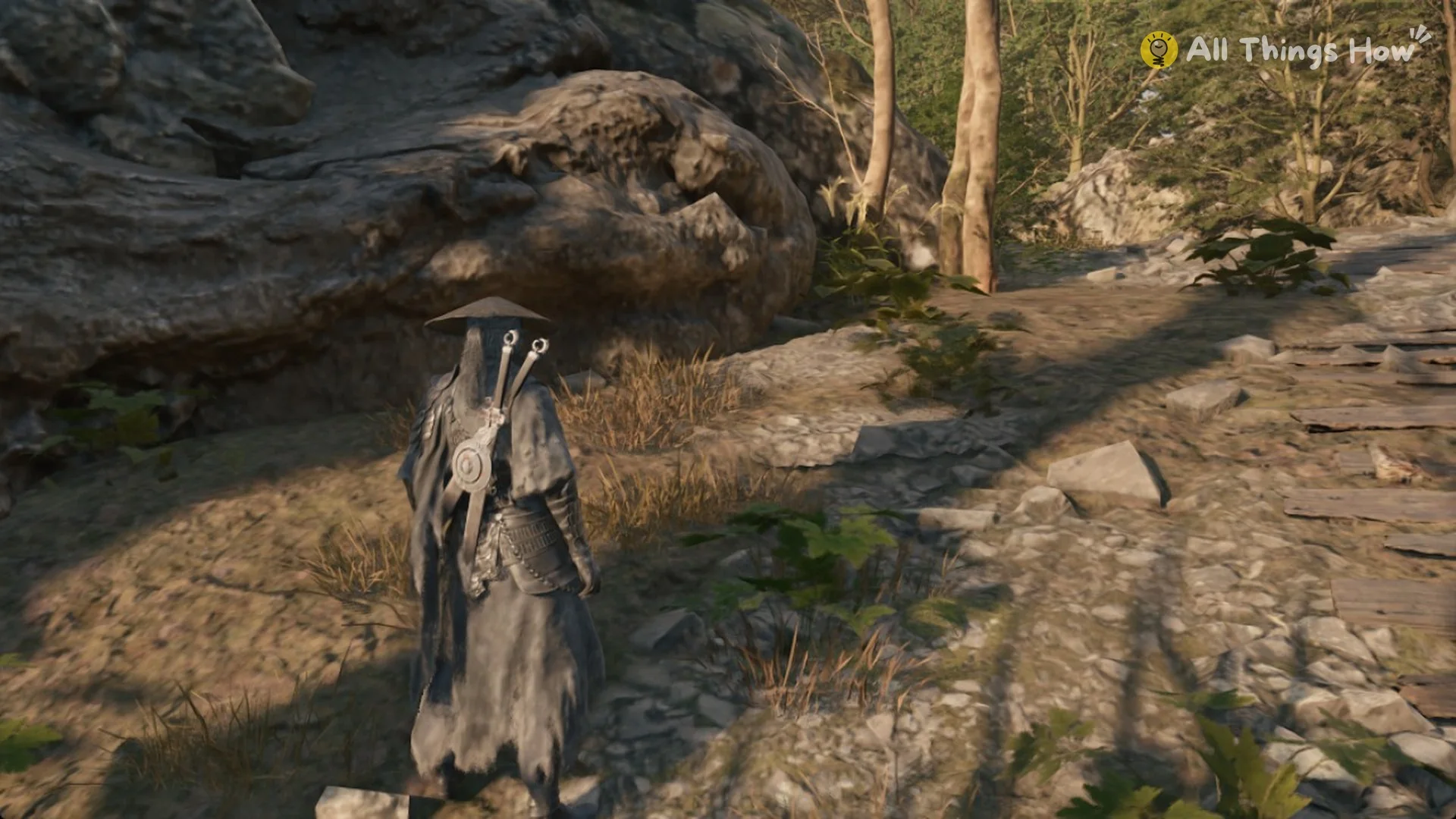 Soul standing on a sunlit forest path below a rock face, Phantom Blade Zero