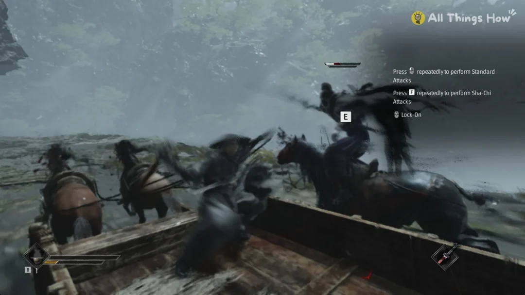 Soul on the cart with the E execution prompt over a mounted rider in Phantom Blade Zero