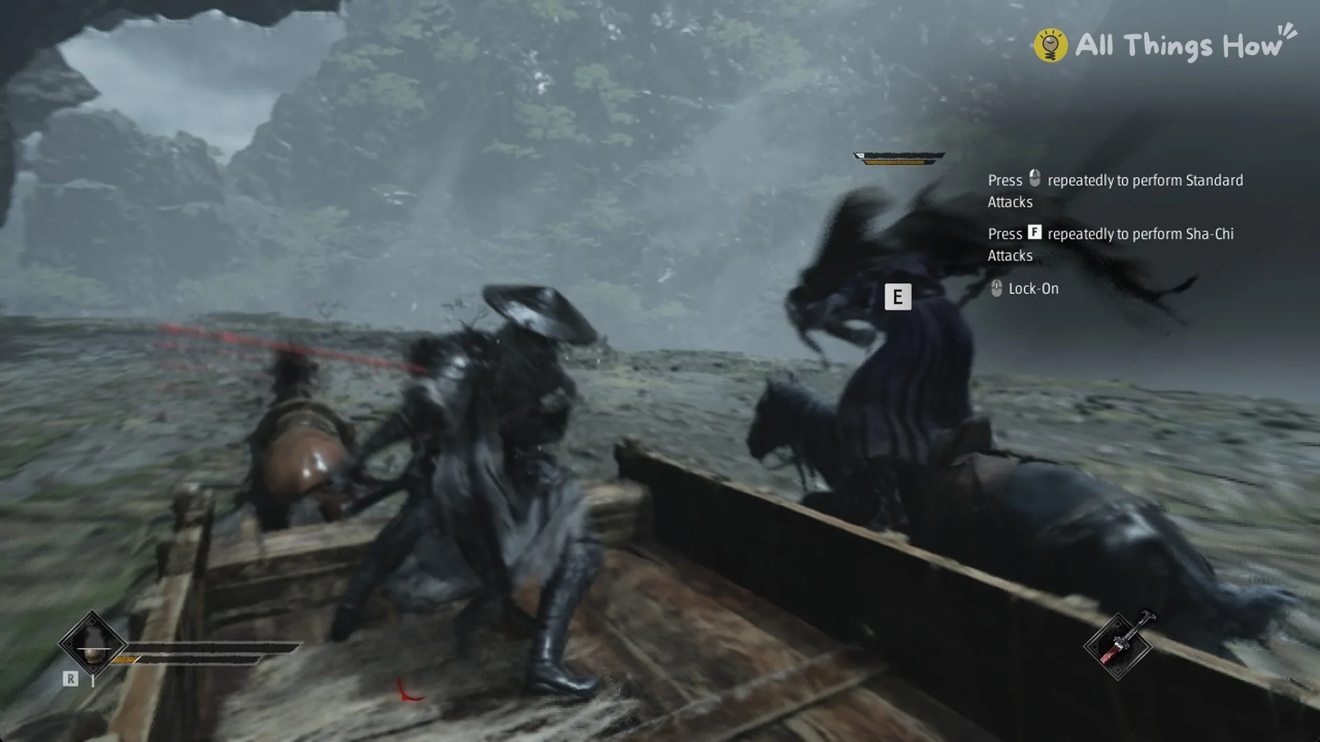 E execution prompt over a Guard-Broken rider during the cart chase in Phantom Blade Zero