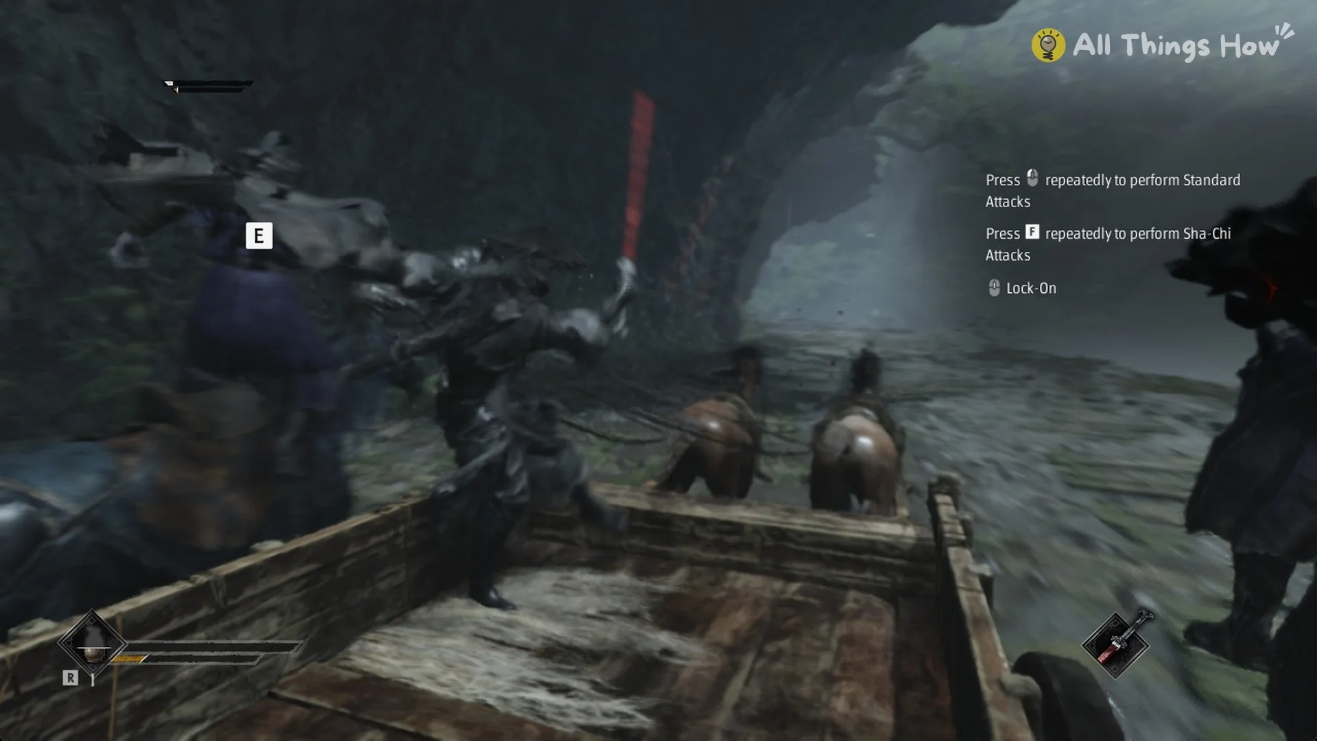 E execution prompt over another rider beside the cart in Phantom Blade Zero