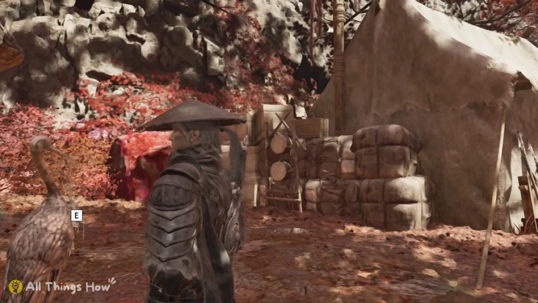 Soul beside the Crane Bell and supply tent at the Thieves' Camp in Crimson Forest, Phantom Blade Zero