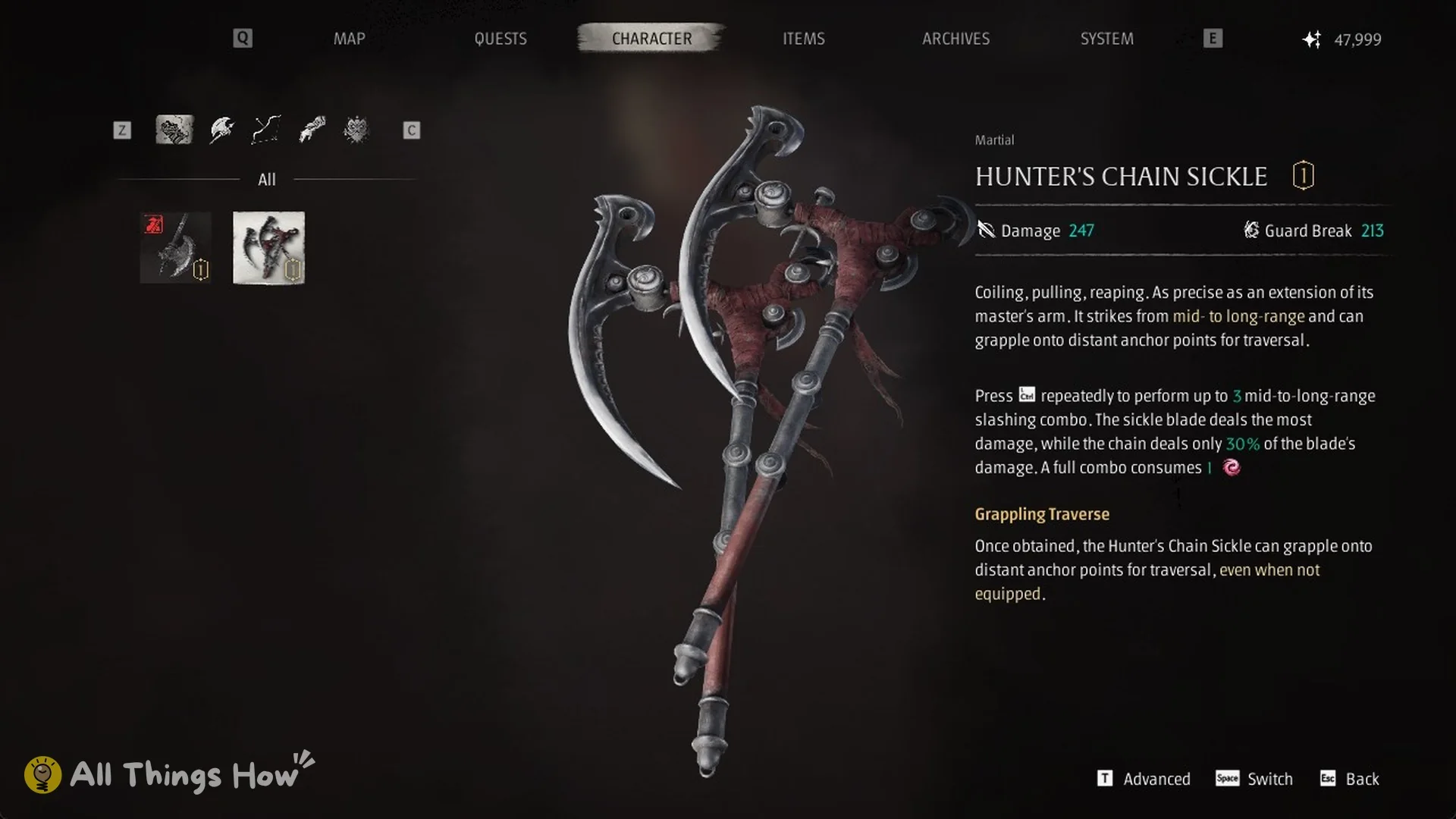 Hunter's Chain Sickle card showing the Martial type in the Phantom Edges menu of Phantom Blade Zero