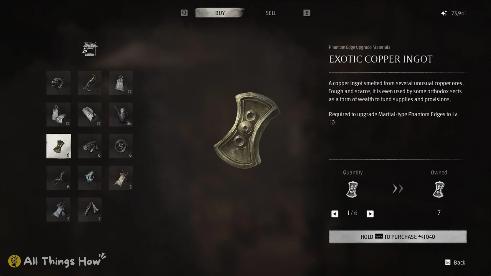 Quick Hand Zhang's Buy tab with Exotic Copper Ingot selected for 1,040 Remnant Dust in Phantom Blade Zero
